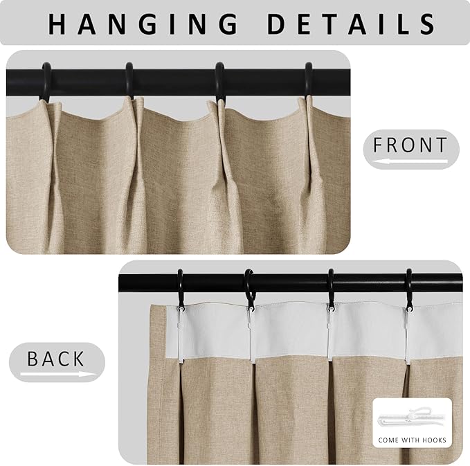 Macochico 100”Wx102”L 100% Blackout Pinch Pleated Linen Curtains for Sliding Door Bedroom Living Room Farmhouse Thermal Insulated Sand Beige Burlap Drapes with Tieback 1 Panel Shabby Chic Style-Ruum Studio Home