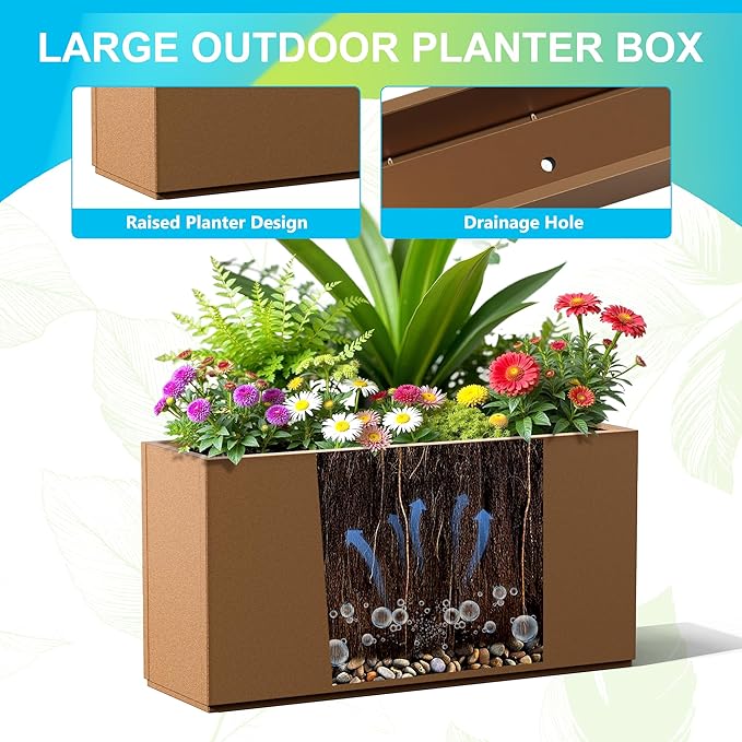 FENCY Metal Rectangular Planter Box, Large Planters for Outdoor Plants, Tall Planters for Outdoor Plants with Drainage Holes (32" L x 10" W x 16.3" H,Brown)-Ruum Studio Home