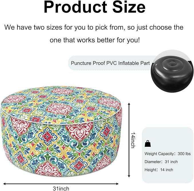 Inflatable Ottoman Stool D31 xH14 for Outdoor/Indoor Use, Water Repellent Patio Foot Rest Stool with Portable Handle,Round Pouf Ottoman Suitable for Garden,Deck and Camping - Damask Red-Ruum Studio Home
