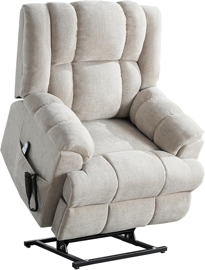 Power Lift Recliner Chair with Massage and Heat for Elderly People, Dual Motor Electric Lift Chair with Power-Remote, Medium-Firm and Heavy Duty, Chenille Fabric - Beige-Ruum Studio Home
