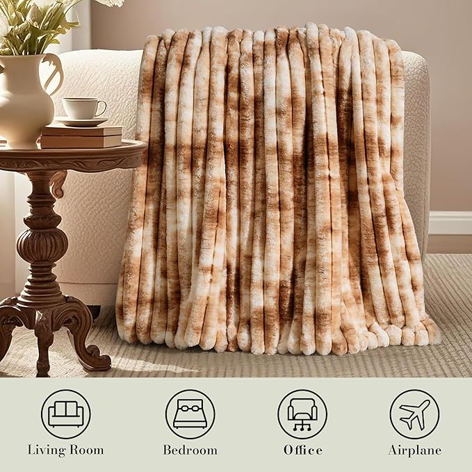 Amélie Home Faux Fur Throw Blanket for Couch, Cozy Fuzzy Fluffy Fur Luxurious Soft Striped Plush Gift Blankets for Family Sofa Chair Bed Living Room Bedroom, 55"x70", Tie-dye Khaki-Ruum Studio Home