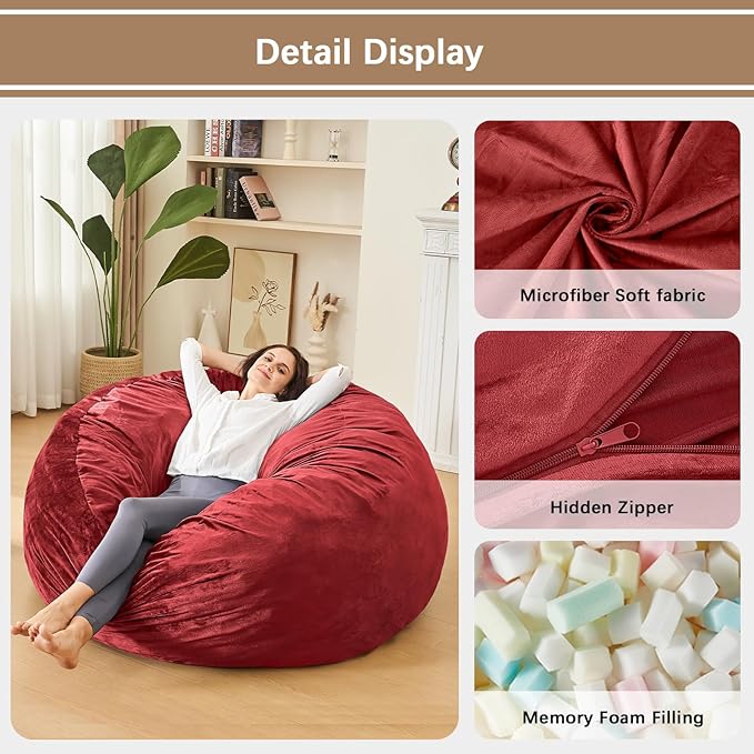 Bean Bag Chairs for Adults - Memory Foam Furniture BeanBag Chair - Kids/Teens Sofa with Soft Micro Fiber Cover - Round Fluffy Couch for Living Room Bedroom College Dorm - 4 ft, Red-Ruum Studio Home
