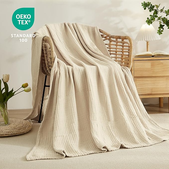 EMME Cotton Blanket King Size for Bed Soft Muslin Blankets 108"x90" Lightweight Breathable Layering Bedspread Coverlet All Season Gauze Blanket, Light Tan-Ruum Studio Home