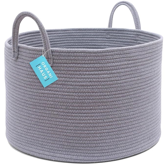 OrganiHaus Woven Laundry Basket, Large Cotton Rope Blanket Holder with Handles, Soft & Sturdy Nursery Hamper, Decorative Toy Bin for Living Room Organization 20x13 inches - Gray-Ruum Studio Home