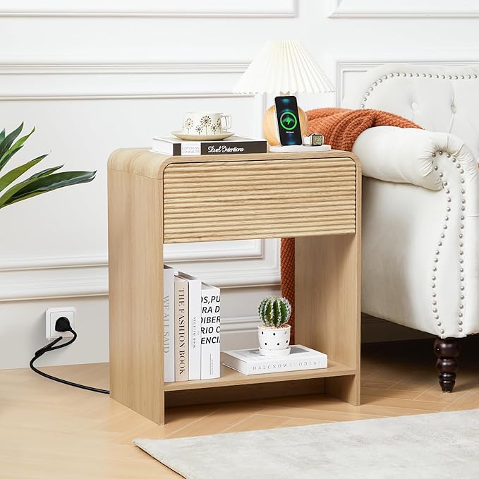 Fluted Nightstand with Charging Station, Mid Century Modern Bed Side Table End Table with Drawer Storage, Large Wooden Night Stands Bedside for Bedroom Living Room Sofa Office, Natural-Ruum Studio Home