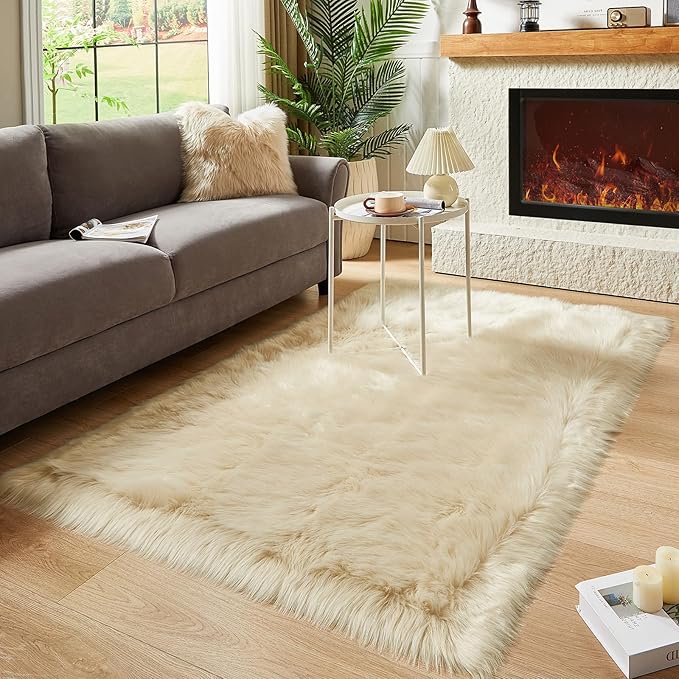 AMTOVO Faux Fur Sheepskin Rug for Living Room, 4 x 6 ft Beige Fluffy Area Rug for Bedroom, Playroom, Luxury Room Decor, Rectangle-Ruum Studio Home