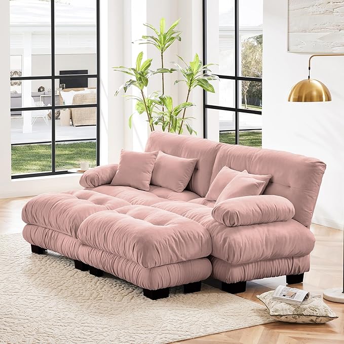 Loveseat Modular Sectional Sofa, U Shaped Couch with Ottoman, Cloud Couch Sectional Couch Home Sofa Living Room Oversized Couch Deep Seat Couch with Round Bolster Armrests 4 Pillows(Pink)-Ruum Studio Home