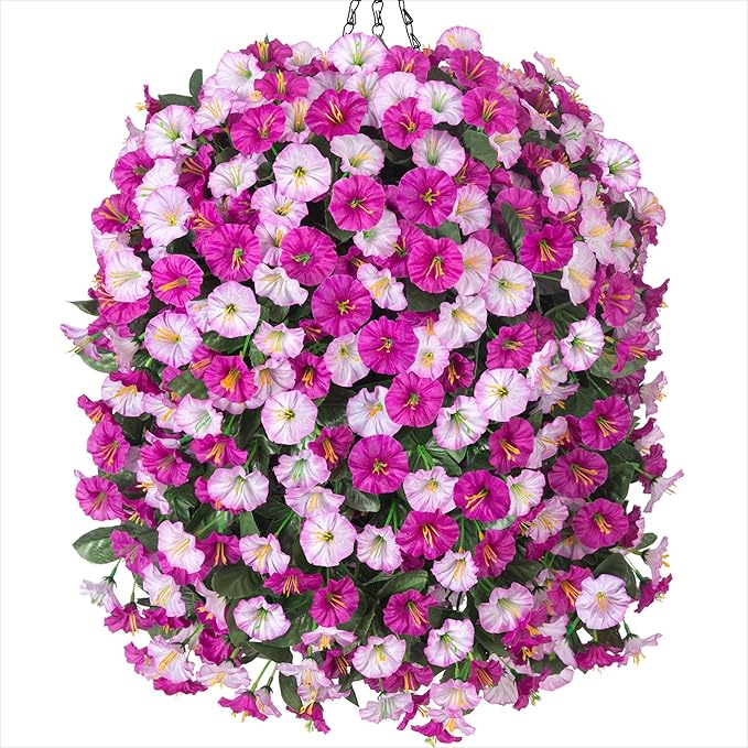 Artificial Fake Hanging Flowers Basket for Outdoor Indoor Decoration,UV Resistant Faux Silk Light Fuchsia and Fuchsia Morning Glory Flowers Plants Realistic Hanging Planter for Outside Home Porch Yard-Ruum Studio Home