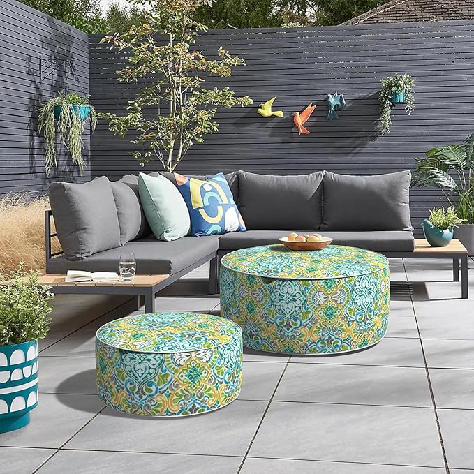 Inflatable Ottoman Stool D31 xH14 for Outdoor/Indoor Use, Water Repellent Patio Foot Rest Stool with Portable Handle,Round Pouf Ottoman Suitable for Garden,Deck and Camping - Damask Green-Ruum Studio Home