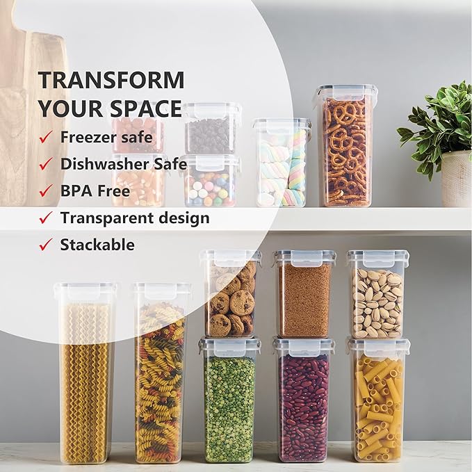 DWËLLZA KITCHEN Set of 14 Airtight Food Storage Containers for Pantry Organization and Storage - Sugar, Flour, Pasta, Spaghetti Plastic Air tight Kitchen Storage Containers With Lids, Labels & Marker-Ruum Studio Home