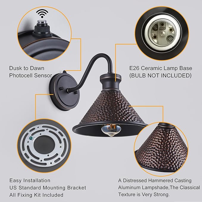 2 Pack Dusk to Dawn Outdoor Wall Light Fixtures Photocell Sensor, Exterior Sconce Light with Cast Hammered Aluminum Shade, Outside Wall Mount Lamp for House Patio Garage Entryway Doorway-Ruum Studio Home