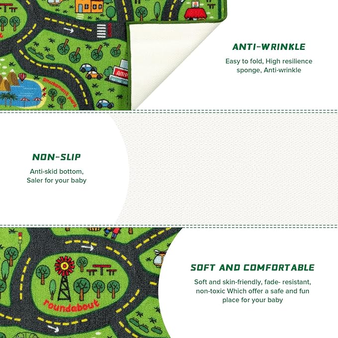 Kids Carpet Playmat Rug 5 x 7 ft Player Car Rug, City Life Traffic Road Map Mat Educational Game Area Mat for Toddler Children Playroom Classroom Bedroom(Green)-Ruum Studio Home
