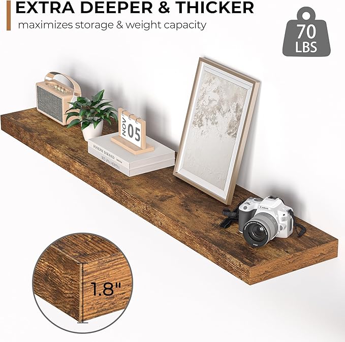 Floating Shelves - 10.23 Inch Deep Wall Shelf for Decor & Storage - Wall Mounted Display Shelving with Invisible Heavy-Duty Metal Bracket - 48" W x 10.23" D x 1.8" H - Set of 1 - Rustic Brown-Ruum Studio Home