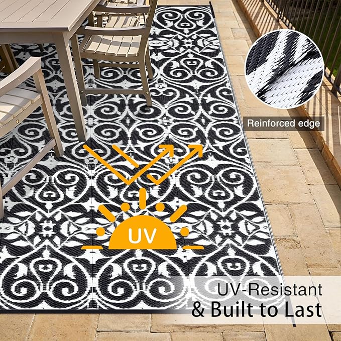 OLANLY Outdoor Rug Waterproof 9x12 ft Clearance, Reversible Outdoor Plastic Straw Rug with Floral Pattern, RV Mat for Patio, Camping, Balcony, Deck, Backyard, Black & White-Ruum Studio Home