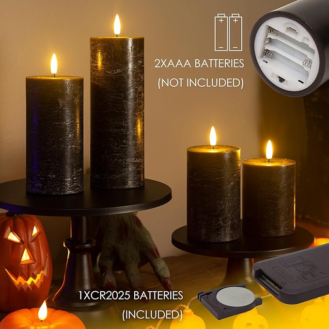 Halloween Flameless Candles, 4 Pack Battery Operated Halloween Candles with Remote, Wax LED Fake Pillar Candles Fireplace/Shelf Decor D3 H 5" 6" 7" 9" Black-Ruum Studio Home