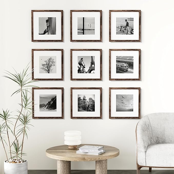 Vittanly 12x12 Picture Frames Set of 9, Shatter Resistant Plexiglass, Display 8x8 Pictures with Mat or 12x12 without Mat, Photo Frames for Wall Mount, Engineered Wood, Brown-Ruum Studio Home