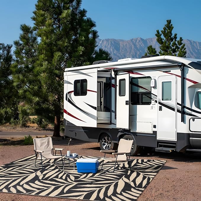 OLANLY Waterproof Outdoor Rug 5x8 ft, Reversible Outdoor Plastic Straw Rug with Leaf Pattern, RV Mat, Indoor Outdoor Carpet for Patio, Camping, Balcony, Deck, Backyard, Black & Beige-Ruum Studio Home