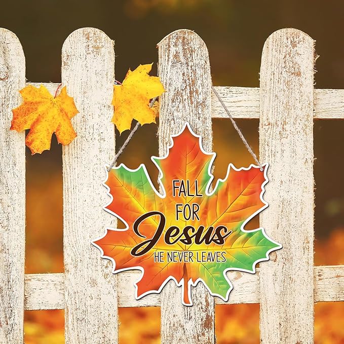 Maple Leaf Fall Decor, Fall for Jesus He Never Leaves Decor Sign Farmhouse Autumn Wreaths for Front Door Christian Jesus Hanger Sign Home Wall Autumn Halloween Thanksgiving Decoration-Ruum Studio Home