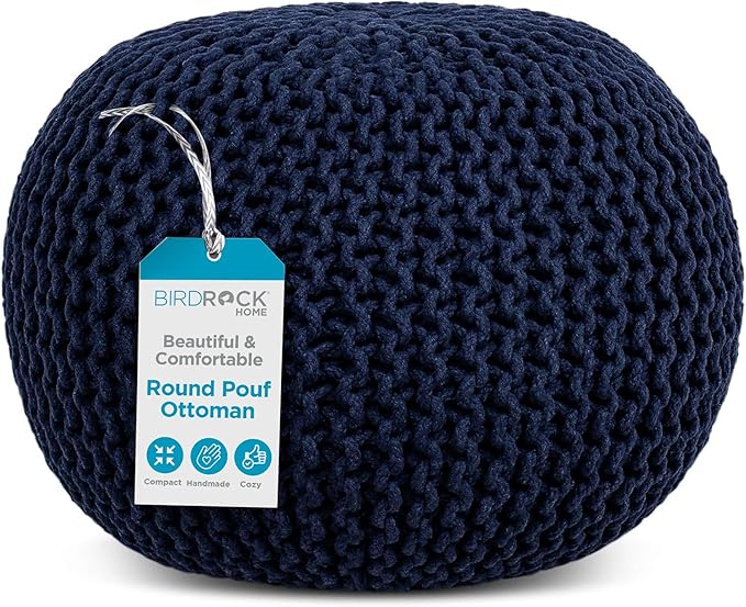 BIRDROCK HOME Round Pouf Ottoman | Cotton Braided Foot Stool with Bean Bag Filling | Boho Foot Rest for Living Room & Bedroom | Compact & Comfortable Seating, Lightweight & Soft | Navy-Ruum Studio Home