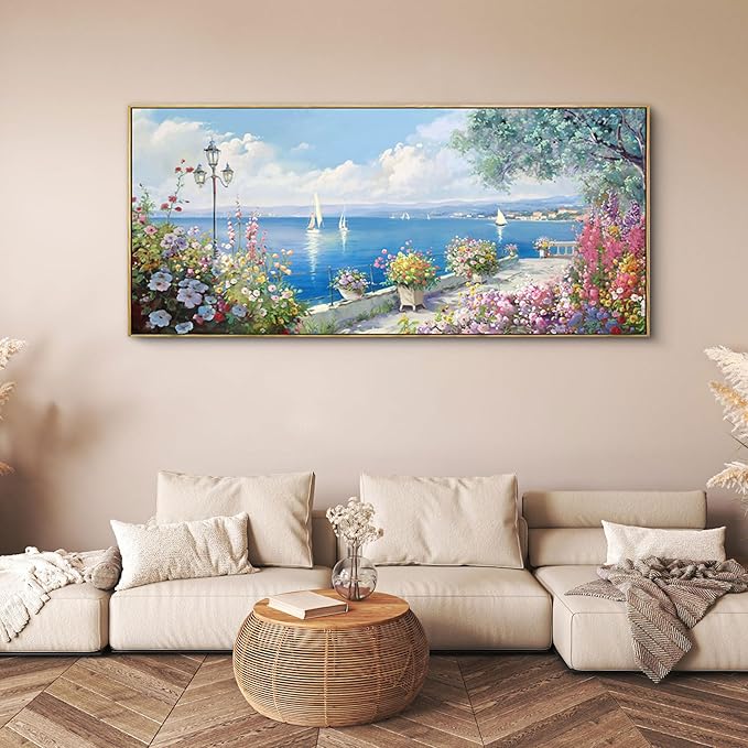 XLSJERST Extra Large Coastal Wall Art - Ocean Seascape Canvas Yellow Green Flowers Painting Landscape Sailboat Picture Artwork Modern Large Framed for Living Room Bedroom Home Office Decor-Ruum Studio Home