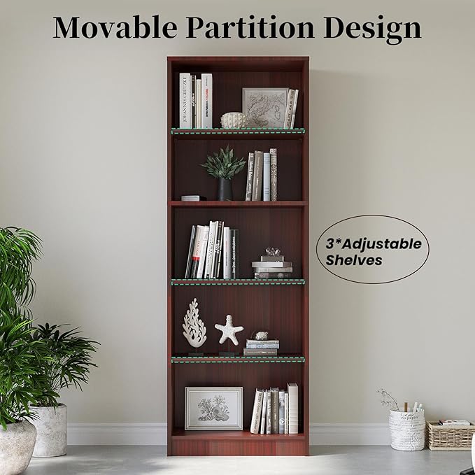 Bookshelf, Open Modern Bookshelf, 5 Shelf Bookcase with Freestanding Display Storage, Wooden Book Shelf for Bedroom, Living Room, Dinning Room, Office,Brown-Ruum Studio Home
