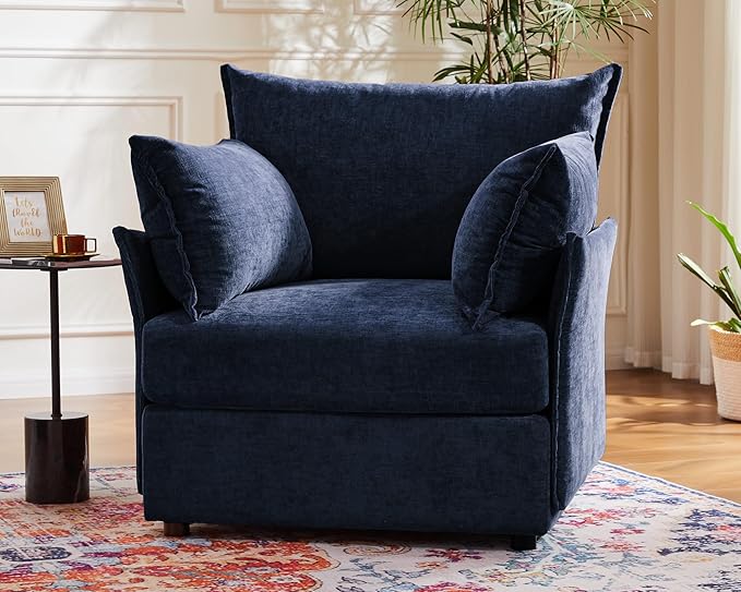 Oversized Accent Chair, Upholstered Modern Sofa Chair with Removable Backrest & Detachable Cover, 24.5" Deep Seat Large Reading Armchair for Living Room Bedroom Office - Chenille Blue Set of 1-Ruum Studio Home