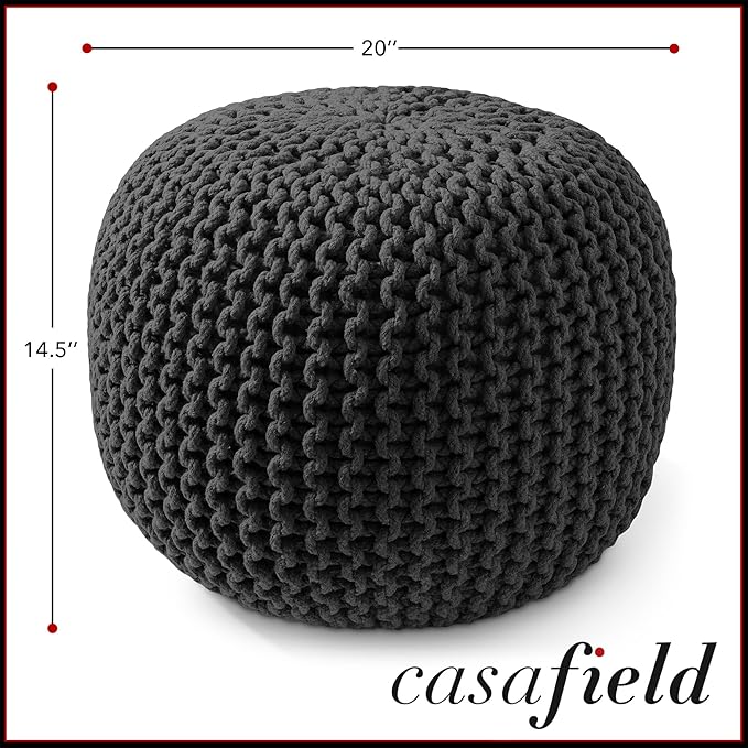 Casafield Round Pouf Ottoman, Black - 20" Diameter x 14.5" High Cotton Knit Foot Stool - Boho Floor Pouffe for Living Room, Bedroom, Home Office-Ruum Studio Home