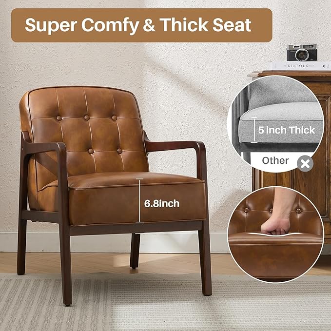 Faux Leather Accent Chair Set of 2, Mid Century Chair for Living Room, Upholstered Comfy Lounge Armchair with Solid Wood Frame, Modern Chair for Bedroom,105°Ergonomic Comfort, Brown-Ruum Studio Home