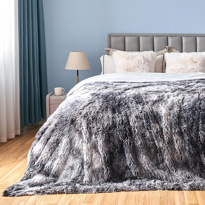 GONAAP Fuzzy Faux Fur Throw Blanket Queen Size Tie-dye Marble Black Super Soft Cozy Plush Fuzzy Shaggy Blanket for Couch Sofa Bed (Tie-dye Marble Black, Queen(90"x90"))-Ruum Studio Home