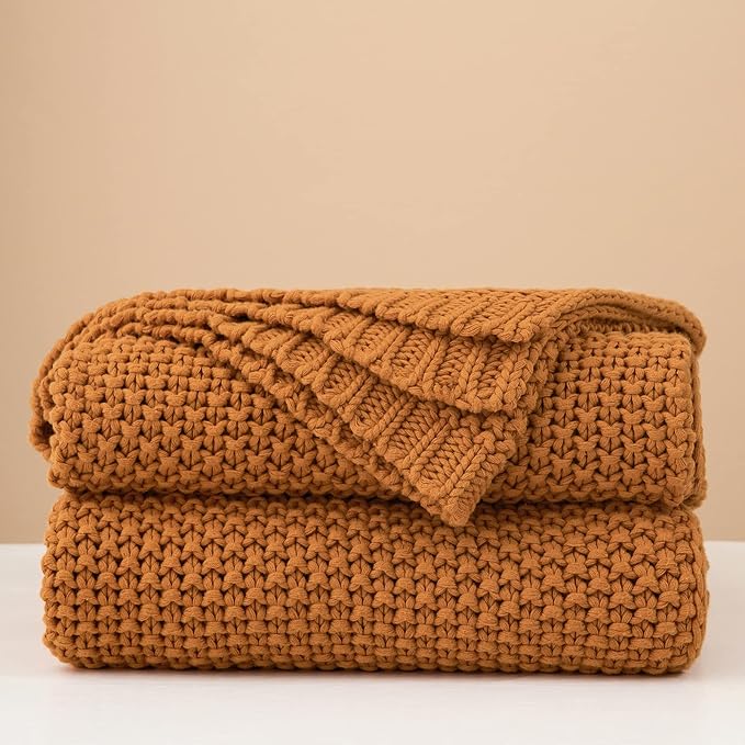 Chunky Cable Knit Throw Blanket Lightweight Burnt Orange 100% Organic Cotton Blanket for Sofa Couch Bed Baby Nursery, Rustic Shabby Chic Modern Farmhouse, 51” x 63” Give Laundering Bag-Ruum Studio Home