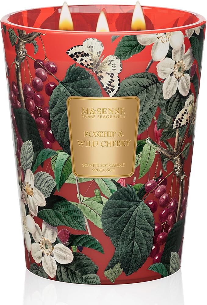 M&SENSE Wild Cherry Scented Candle 3 Wick, 35oz 150H Long Lasting, Soy Candles Stress Relief Romantic Gifts for Women Home Decor-Ruum Studio Home