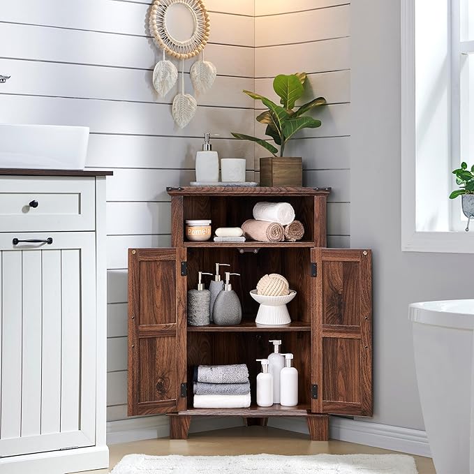 Corner Bathroom Cabinet, Farmhouse Small Cabinet with Barn Door & Adjustable Shelf, Storage Cabinets for Bathroom, Kitchen & Living Room, Brown-Ruum Studio Home