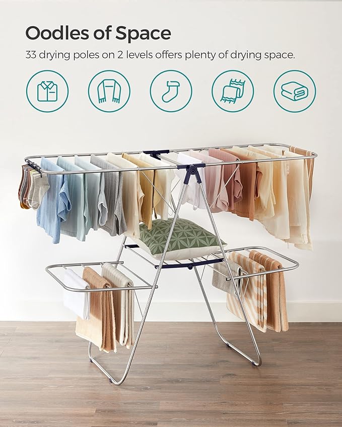 SONGMICS Clothes Drying Rack, Foldable 2-Level Laundry Drying Rack, Free-Standing Laundry Airer, with Height-Adjustable Wings, 33 Drying Rails, Sock Clips, Silver and Blue ULLR53BUV1-Ruum Studio Home