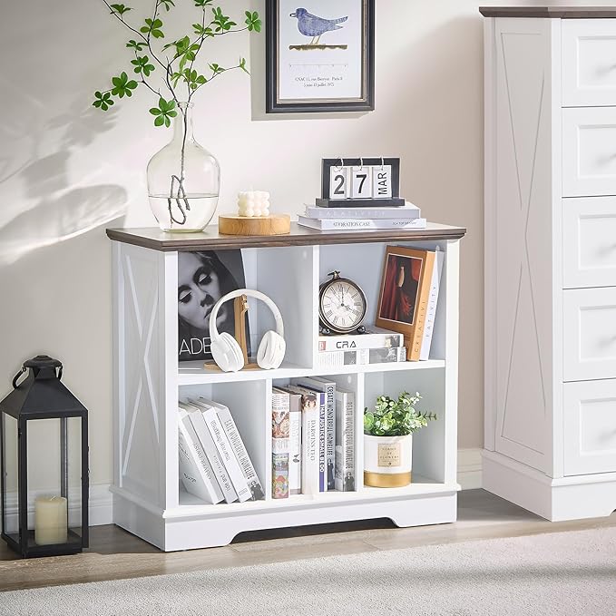 Farmhouse 5 Cube Bookshelf, White Storage Organizer Bookcase, Kids Toy Storage Cabinet, Small Bookshelves Storage Organizer Shelf, Wood Display Cabinet Book Shelves for Bedroom,Living Room,Office-Ruum Studio Home