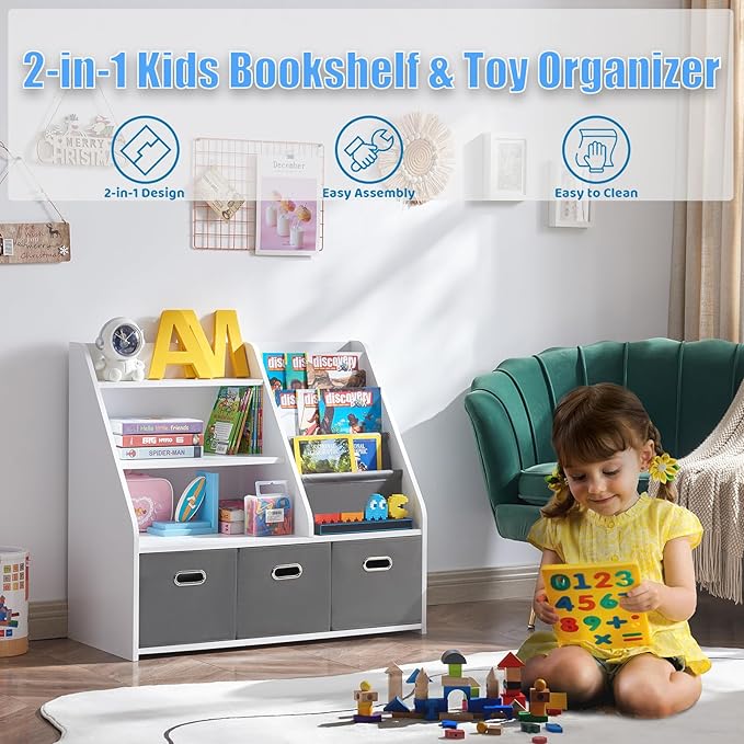 Wood Kids Bookshelf, Toy Organizer with Bookshelf, Montessori Toy Shelf W/Sling Rack & Fabric Toy Bins, Toy Storage Organizer for Toddler Children, Wooden Book Shelf for Kids Room Playroom-Ruum Studio Home