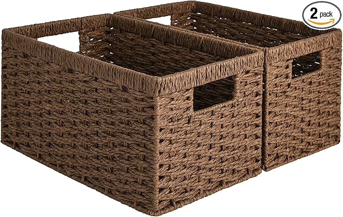 StorageWorks Round Paper Rope Storage Baskets, Rectangular Wicker Baskets with Built-in Handles, Medium, 2-Pack-Ruum Studio Home