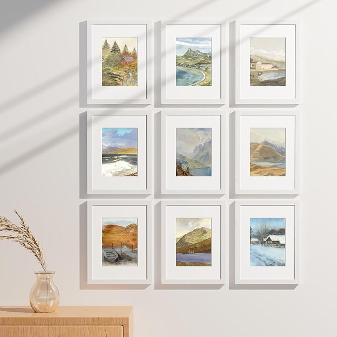 Vittanly 9x12 Picture Frames Set of 9, Shatter Resistant Plexiglass, Display 6x8 Pictures with Mat or 9x12 without Mat, Photo Frames for Wall or Tabletop, Engineered Wood, White-Ruum Studio Home