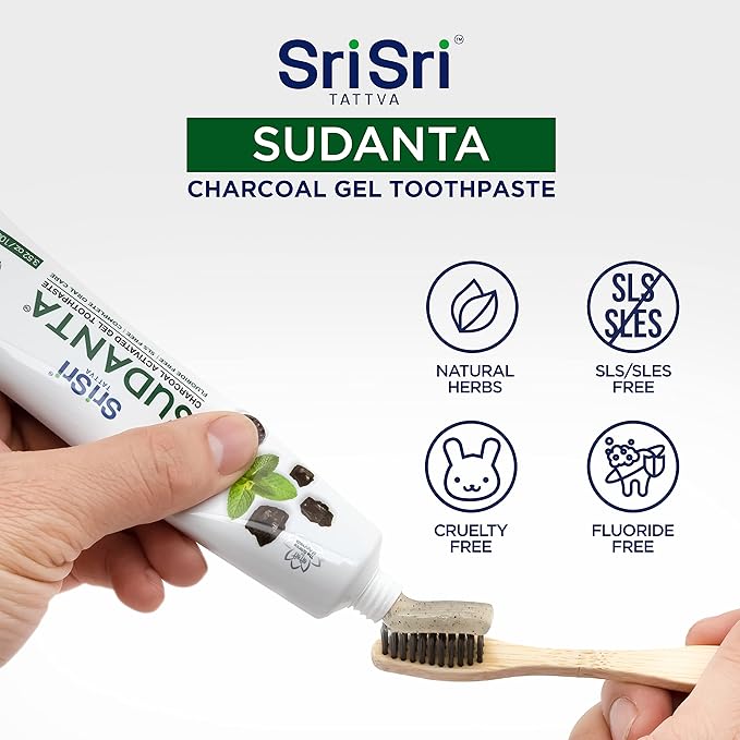 Sri Sri Tattva Sudanta Charcoal Toothpaste Gel – SLS, Fluoride Free Herbal Toothpaste with Neem & Ayurvedic Herbs – Natural Teeth Whitening, Fresh Breath, Oral & Gum Health – 100g Tube (Pack of 1)-Ruum Studio Home
