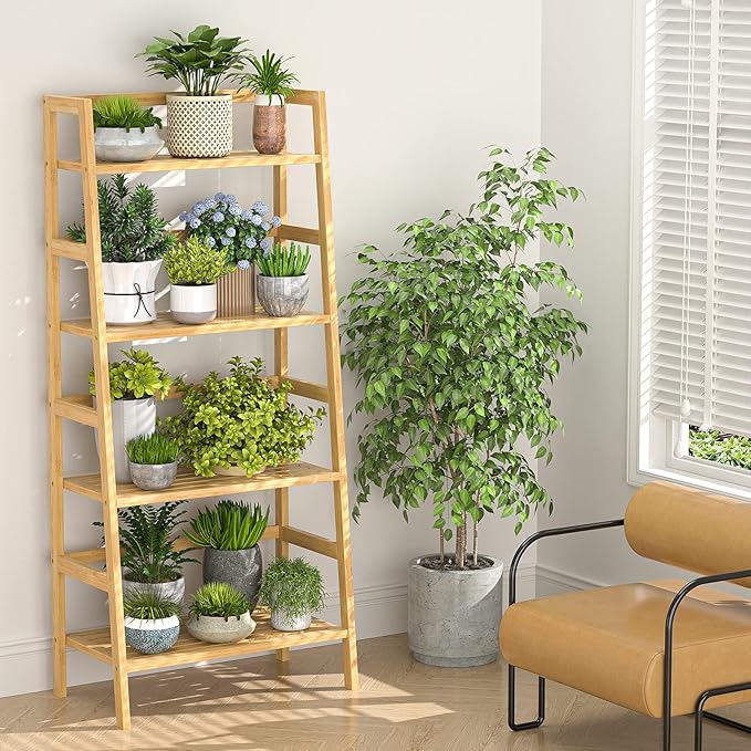 Homykic Bamboo Bookshelf 4-Tier Ladder Shelf, 49.2” Freestanding Open Bookcase Book Shelf Bathroom Storage Shelf Unit Plant Stand for Small Space, Bedroom, Living Room, Home Office, Natural-Ruum Studio Home