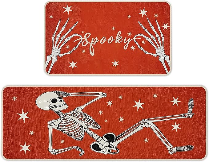 Halloween Kitchen Mat Set of 2, Spooky Skeleton Gothic Halloween Kitchen Decor, Halloween Rug for Floor, Indoor Spooky Home Decor with Non-Slip Backing,17 x 29 Inch & 17 x 47 Inch-Ruum Studio Home