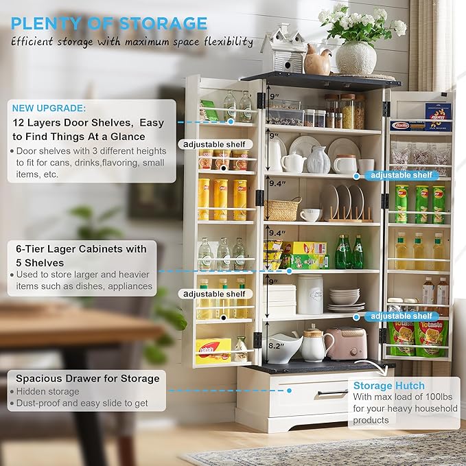 72" Farmhouse Kitchen Pantry Cabinet with Drawer, Tall Storage Cabinet with 2 Barn Doors and Shelves, Versatile Large Rustic Cupboard for Dining Room, Bathroom, Living Room, Laudry, White-Ruum Studio Home