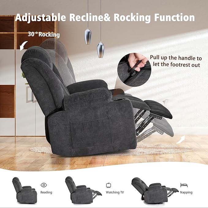 Rocker Swivel Recliner Chair for Adults, Overstuffed Large Manual Recliner Glider with Massage and Heat, Comfy Soft Fabric Living Room Reclining Sofa Chair (Black Fabric)-Ruum Studio Home