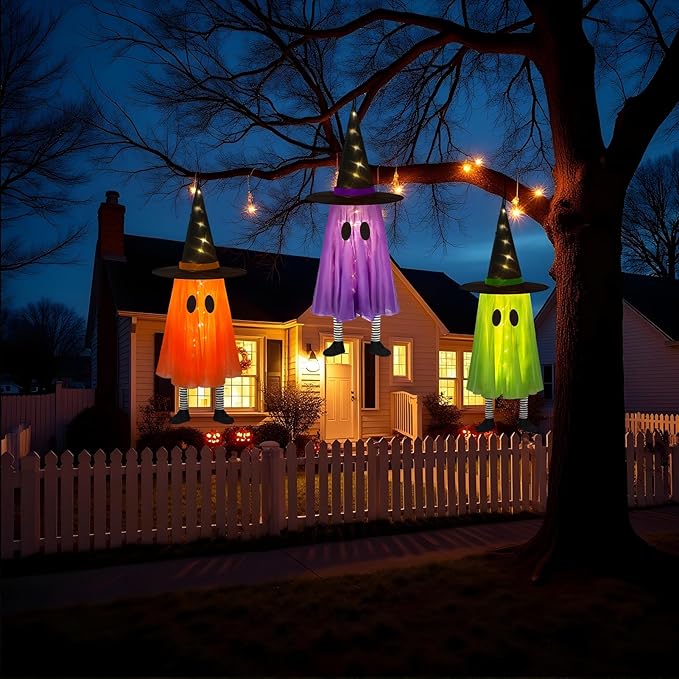 DAZONGE Halloween Decorations Outdoor, 3 Packs Hanging Ghost Halloween Decor with String Lights Battery Operated, Ghost Decor with with Hat for Home Yard Porch-Ruum Studio Home