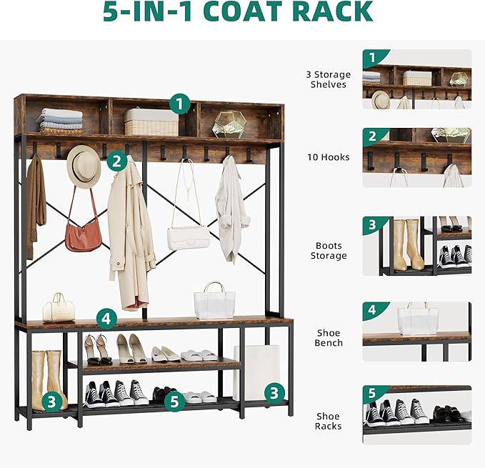 YITAHOME Entryway Bench with Coat Rack, 5-in-1 Hall Tree with Shoes Storage, Industrial Freestanding Coat Rack Shoe Bench with Storage Shelves, 10 Hooks for Hallway, Bedroom, Rustic Brown-Ruum Studio Home