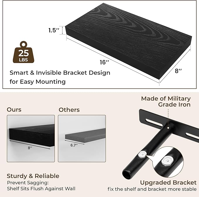 RICHFOCUS 16Inch Floating Shelves for Wall 2 Pack Shelves for Bedroom|Kitchen|Bathroom Wall Mounted Rustic Wood Floating Shelf with Invisible Brackets for Books|Storage|Decor, Black-Ruum Studio Home