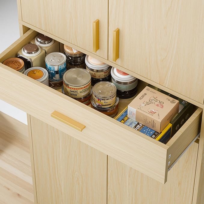 Cozy Castle Pantry Cabinet, 71" Tall Kitchen Storage Cabinet with Doors and Shelves, Freestanding Wood Cupboard Utility Hutch with Drawer for Dining Room Living Room Bathroom Furniture, Oak-Ruum Studio Home
