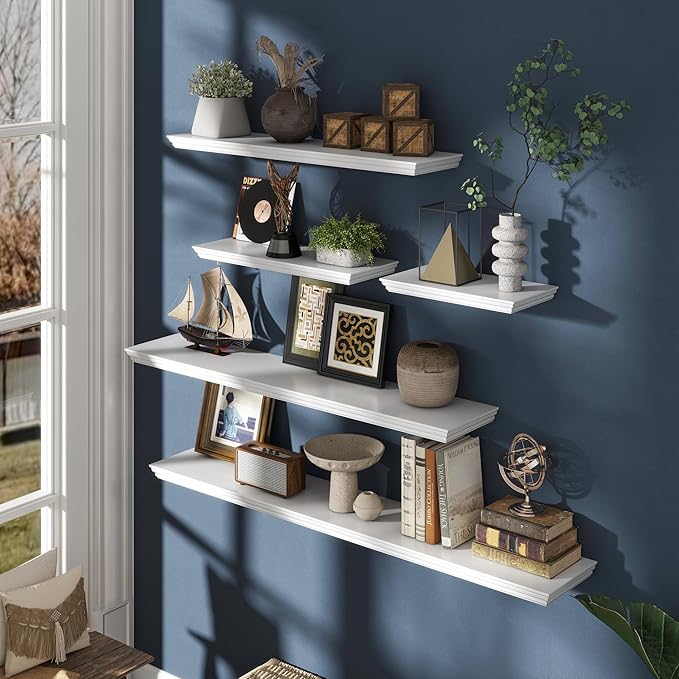Floating Shelves for Wall, 36 Inch Long Wall Mounted White Hanging Shelf for Kitchen, Living Room, Office, Bedroom, Bathroom, Retro Vintage Wood Bookshelf for House Decor-Ruum Studio Home