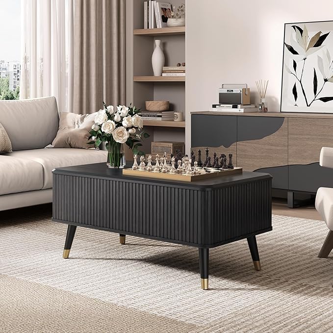 Lift Top Coffee Table with Storage Shelf & Hidden Compartment, Mid Century Modern Fluted Rectangle Dining Table for Living Room, Home Office,Black-Ruum Studio Home