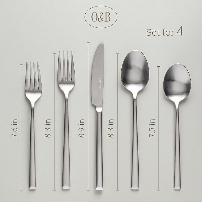 over&back 20pc Modern Flatware Cutlery Set - Comes with 4 Dinner Forks, 4 Salad Forks, 4 Dinner Knives, 4 Dinner Spoons, and 4 Teaspoons - 18/8 Stainless Steel - Dishwasher-Safe - Brushed Stainless-Ruum Studio Home