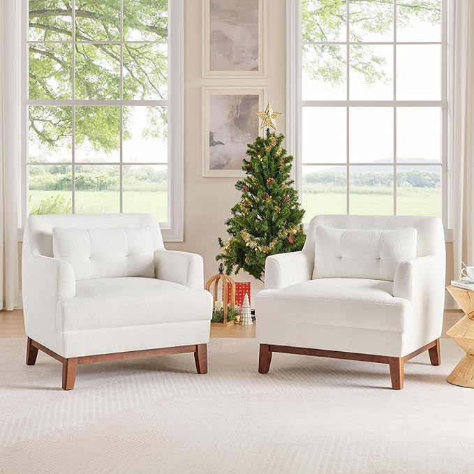 Modern Accent Chair with Terry Fabric, Upholstered Armchair with Spring Package Cushion & Solid Wood Frame, Comfy Lounge Chair for Living Room, Bedroom, or Reading Corner, Terry, White-Ruum Studio Home
